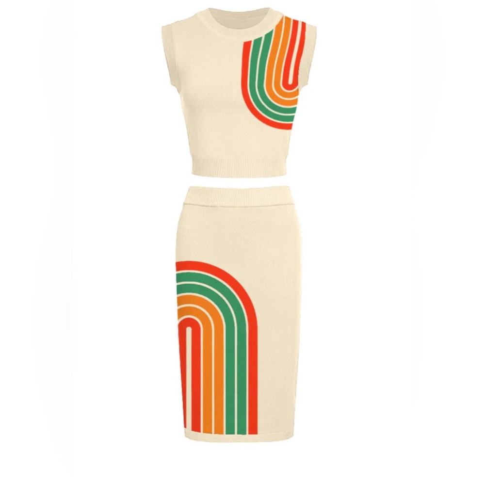 Cream Two Piece with Retro Multicolor Design